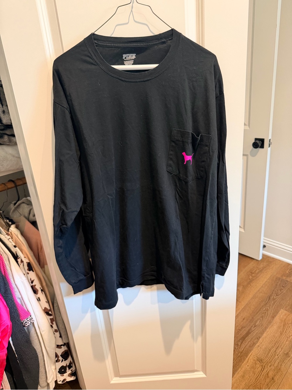 PINK Victoria's Secret Black Long-Sleeve Pocket Tee with Pink Dog